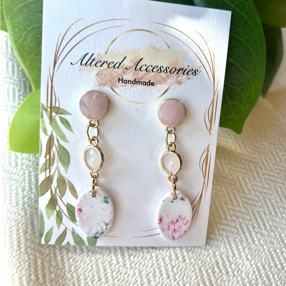 2/$30 Pink and Gold Jewel Paint Splatter Dangle Earrings